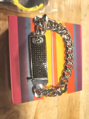 Mens Stainless Steel Skull Bracelet with Black CZ gemstones 9 inches - Изображение 1 из 3