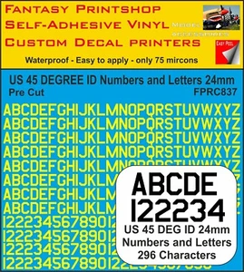 RC Vinyl Stickers US 45 DEGREE  ID  LETTERS NUMBERS 24mm PRE CUT FPRC837 YELLOW - Picture 1 of 3