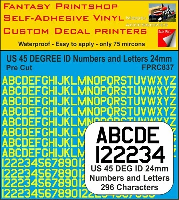 FANTASY PRINTSHOP RC Vinyl Stickers US 45 DEGREE ID LETTERS NUMBERS 24mm PRE CUT FPRC837 YELLOW