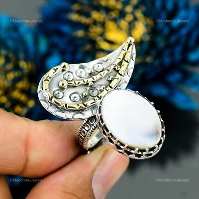 Sterling Silver Mother Of Pearl Stone Engagement Ethnic Stackable Handmade Ring - Image 1 of 4