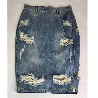 Falda de una cucharadita 26 Freelove Denim envejecido lápiz ajustado abertura en la rodilla cremallera trasera Foto 1 de 4