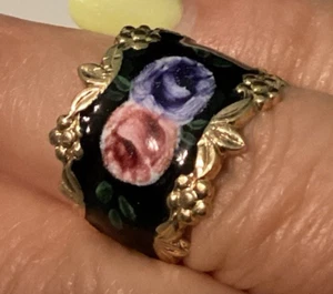Vintage Sterling Silver & Black Enamel Rose Flower Ring size 8 - Picture 1 of 7