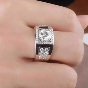 2Ct Round Cut Moissanite Solitaire 14K White Gold Plated Mens Engagement Ring - Picture 1 of 5