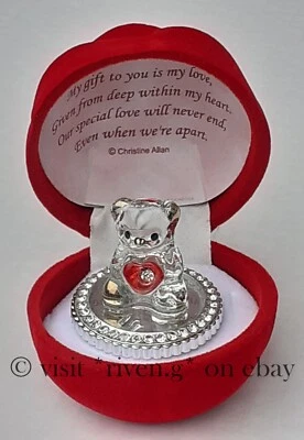 Love Heart Teddy Bear Celebration Red Velvet Touch Rose Gift Boxed Glass Present