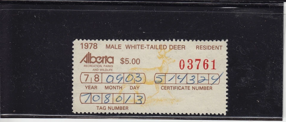Alberta Wildlife Certificate stamp 1978 White-tailed Deer hunting $5 VanDamAW362 - Image 1 of 1