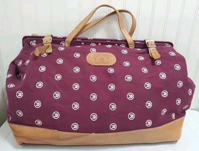 Vtg WMX Waste Management Duffle Luggage Carpet Bag Cloth & Leather Promo WM Logo - Image 1 of 4