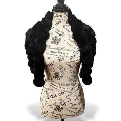 Vtg Black RABBIT POM POM Scarf Triangular Shoulder Shawl Head Cover Tres Chic! - Image 1 of 4