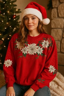 Vintage NutCracker Red Christmas Sweatshirt White Poinsettia Glitter L 90s - Image 1 of 4