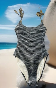 Striped Pinup Seersucker Swimsuit Nautical One Piece Preppy Slimming SPERRY Med - Picture 1 of 11