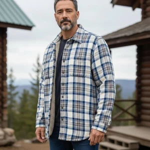 L.L.Bean Shacket Herren Medium Tall blau kariert Sherpa gefüttert Taschen Flanell - Bild 1 von 10