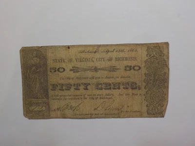 Civil War Confederate 1862 50 Cents Note State Of Virginia City Of Richmond VTG  - Image 1 of 2
