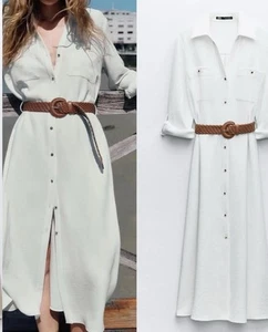 Zara NWT Women's Midi Oyster White Belted Collared Shirt Dress Size S - Picture 1 of 3