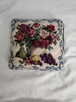 599.  Розовый букет вышивка подушка 9 «x 9» цветочный фрукт синий бархат - Изображение 1 из 2