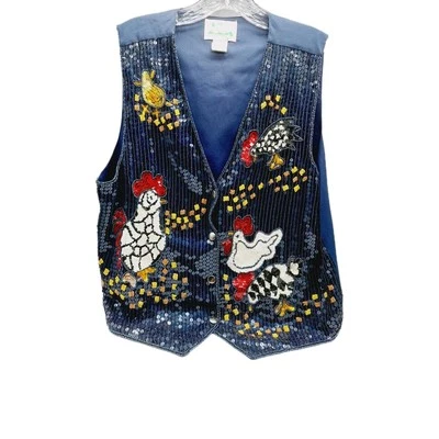 The Quacker Factory Women's Roosters Chick Chicken Sequined Vest Size M - Image 1 of 4