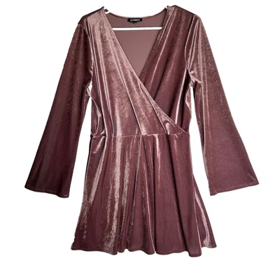 Express Velvet Surplice Faux Wrap Mini Dress L Mauve Boho Ribbed Bell Sleeve Y2k - Image 1 of 4