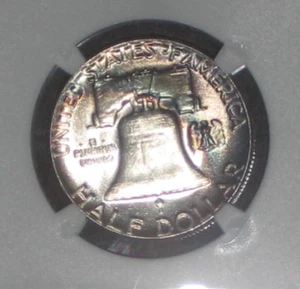 1954 argento Franklin mezzo dollaro NGC grado MS62 mezzaluna tono arcobaleno 50c - Foto 1 di 12