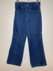 Vintage 70s Wrangler Bell Bottom Jeans “No Fault” Made In USA Dark Indigo 26X27 - Afbeelding 1 van 9