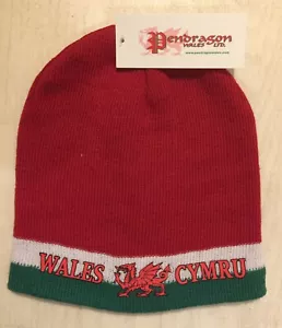 Welsh Dragon Beanie Hat Wales Cymru Red With Red Dragon Design Green/White L - Picture 1 of 2