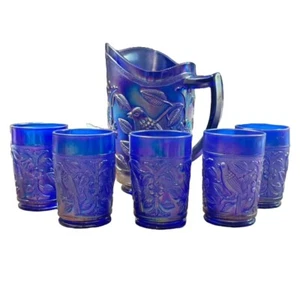 IMPERIAL GLASS COBALT BLUE CARNIVAL ROBINS WATER SET PITCHER + TUMBLER GLASSES - Picture 1 of 9