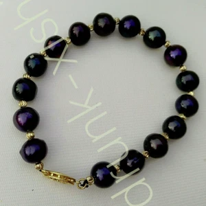 Natural Tahitian Black 9-10mm Pearl Bracelet 7.5-8" 14k Gold P - Picture 1 of 7