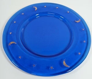 Vintage Celestial Cobalt Blue Glass Charger Plate Platter Gold Moon & Star 13"  - Picture 1 of 6