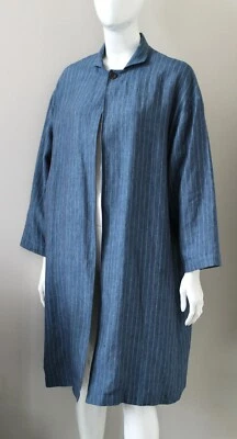 ESKANDAR pinstripe blue linen one button semi open coat shirin lagenlook Size 0 - Image 1 of 4