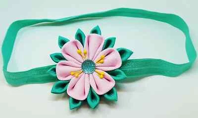 Fabric Flower Elastic Head Band. Green and pink elastic headband. - Image 1 of 3