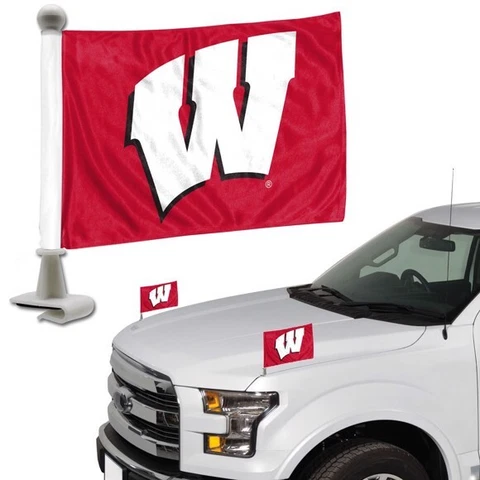 Wisconsin Badgers Set of 2 Ambassador Style Car Flags - Trunk Hood Cover