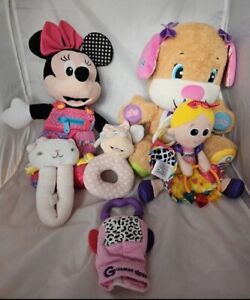 Pink Baby Soft Toy Bundle, Rattle, Pram Toy. Disney, Lamaze, Fisher Price Etc..