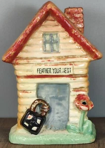Vintage 5¾" Tall Ceramic Bank House "Feather Your Nest" *Read Discription* - Picture 1 of 6