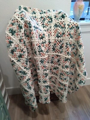  HAND CROCHETED AFGHAN/THROW IN PEACH, CREAM, SEA BLUE, DARK GREEN 51x74 INCHES - Image 1 of 4