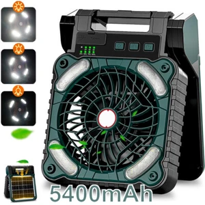 Portable Solar Powered Camping Fan 5400mAh Rechargeable Fan with Timer LED Light - Picture 1 of 16