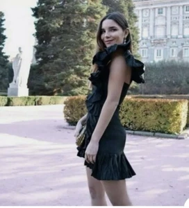 ZARA Evening wear Women XS Black Ruffled one shoulder asymmetric LBD Party Dress - Picture 1 of 13