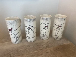 Set Of 4 Handmade Tall Coffee Cups with Funny Skiers Hot Chocolate Pottery Mugs - Picture 1 of 18