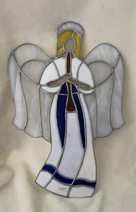 Vintage Buntglas Engel mit Heiligenschein Spielhorn groß 15 "x 10" schöne Handarbeit - Bild 1 von 4