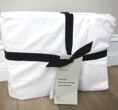 NUEVO JUEGO DE SÁBANAS WEST ELM QUEEN 400 HILOS SATÉN DOBLADILLO ANCHO ALGODÓN BLANCO Foto 1 de 4