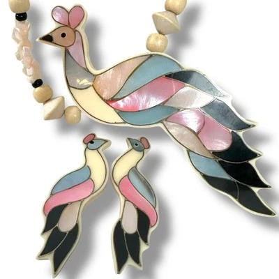 Conjunto de colar vintage anos 70 Lee Sands Glam Rock havaiano abalone incrustado pavão - Imagem 1 de 4