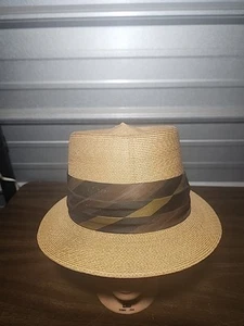 Knox Hat Tan Straw/Grey & Blue Ribbon Fedora Sz 6 7/8 With Box Cavanagh Vintage - Picture 1 of 6