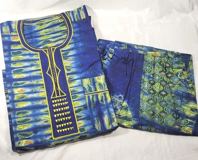 Men's Cotton Salwar Kameez Kurta - Psychadelic Pattern - Blue/Yellow - 51" Chest - Image 1 of 4