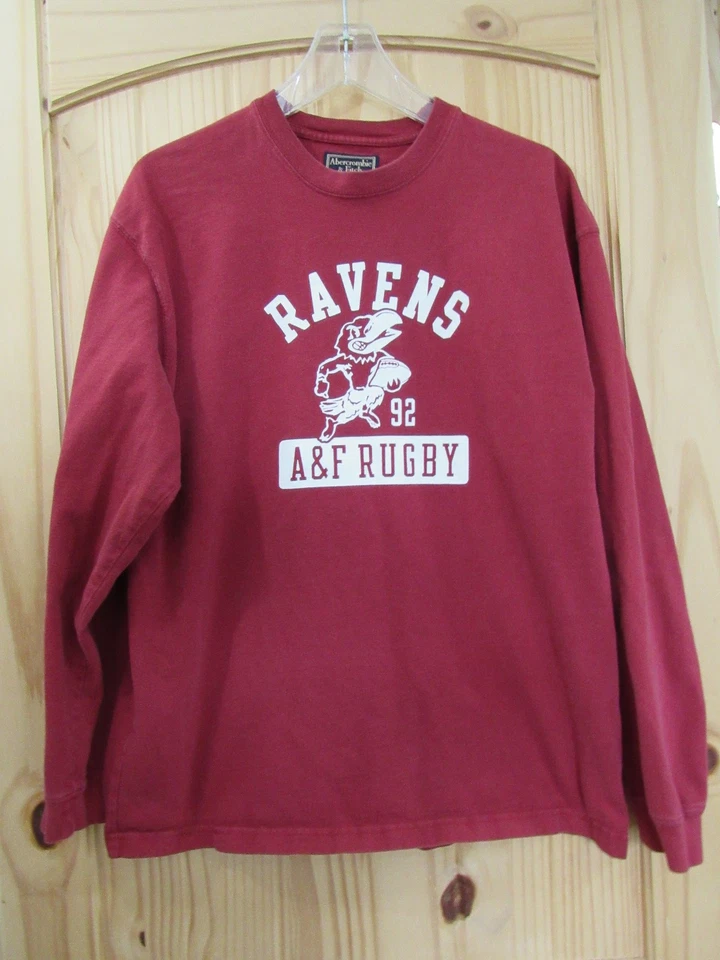 Camisa Abercrombie & Fitch A&F Para Hombre ROJA Mediana Cuervos 92 Rugby #9 Manga Larga De Colección Foto 1 de 4