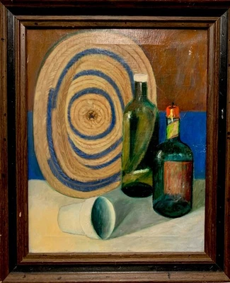 BOTELLAS DE VINO CESTA TEJIDA BODEGÓN DE COLECCIÓN Pintura Enmarcada 20x24 INUSUAL Foto 1 de 4