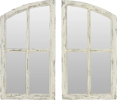 Set of 2 Jolene Rustic Arch Window Pane Wall Mirrors, Distressed Wood - New - Image 1 of 4