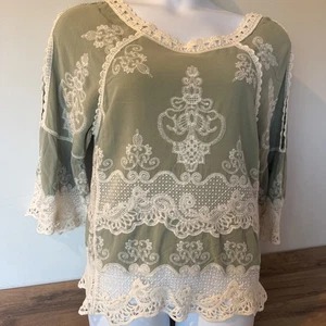 Democracy Popover Sage Green L Crochet Lace Bell Sleeves Boho Peasant Cottage - Picture 1 of 10