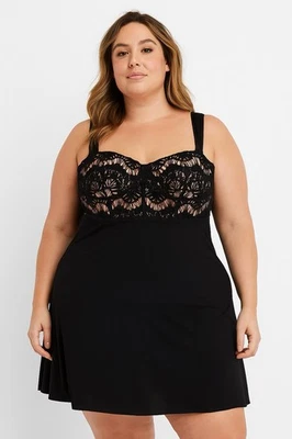 Vestido City Chic Negro Pestañas Encaje Superpuesto Hasta la Rodilla Plus M/18 Foto 1 de 4