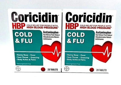 2 Pack Coricidin HBP Cold & Flu Relief Heart Health Decongestant 20 ct each box - Image 1 of 4
