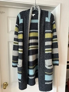 J Jill Long Cardigan XS Stripe Wool Blend Pockets Open - Picture 1 of 3