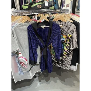 Vintage 90s Josie Natori Purple Black Geometric Short Bathrobe Size XS - Picture 1 of 4