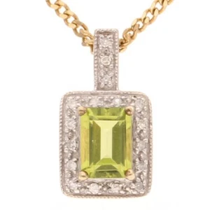 9Carat Yellow Gold Peridot & Diamond Cluster Pendant (9x17mm) & 16" Curb Chain - Picture 1 of 4