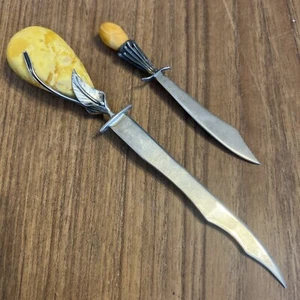 Lot Of 2 Remarkable Amber Letter Openers Sterling Silver Poland Vintage Big - Picture 1 of 8