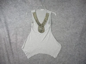 Cache Tunic Women's Extra Small Gray Beaded Tank Top Mini Dress Shark bite Hem - Picture 1 of 13